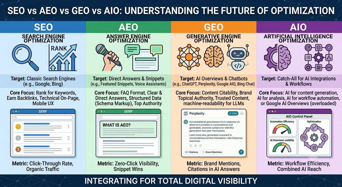 seo vs aeo vs geo vs aio